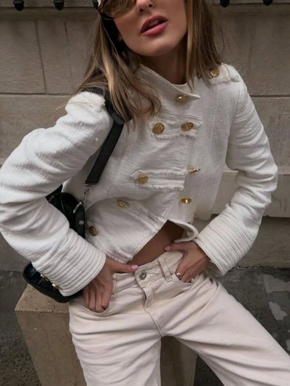 White Casual Women's Elegant Gold-Plated Button Jacket